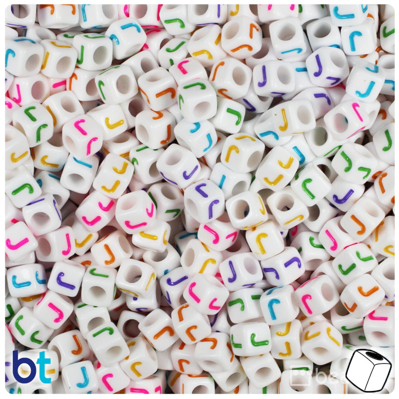 BeadTin White Opaque 6mm Cube Plastic Alpha Beads - Colored Letter J (80pcs)